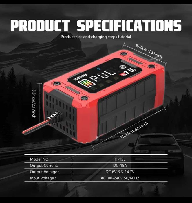 Зарядний пристрій для автомобільного акумулятора 12V 15А