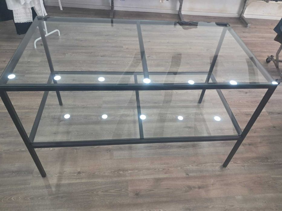 Mesa Expositora de Loja / Mesa de Apoio com 2 Prateleiras de Vidro – Moderna