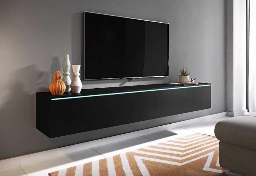 Nowa Szafka RTV Lowboard D 180cm Czarna z LED i Nóżkami 2w1 Wisząca/Stojąca | Odbiór osobisty