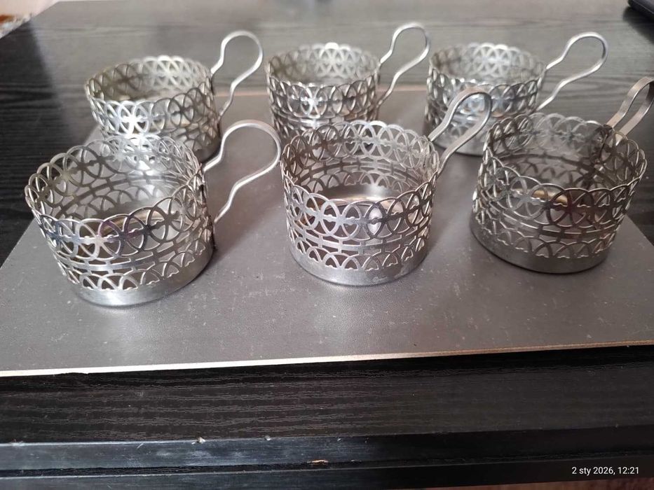 Koszyczki PRL do szklanek – metalowe, ażurowe – komplet 6 szt. vintage