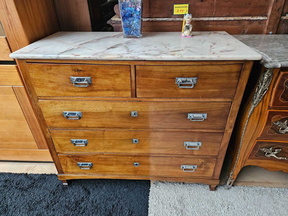 Cómoda antiga em madeira e tampo em pedra - óptimo estado geral