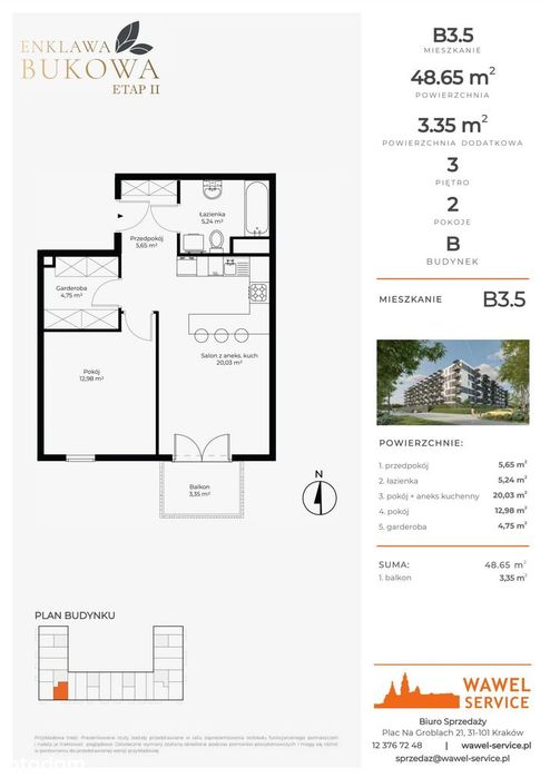 2-pokojowe mieszkanie 48m2 + balkon