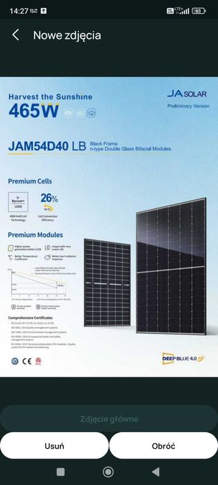 Panel fotowoltaiczny 465W JA SOLAR czarna rama bifacjalny N-TYPE TOPCon