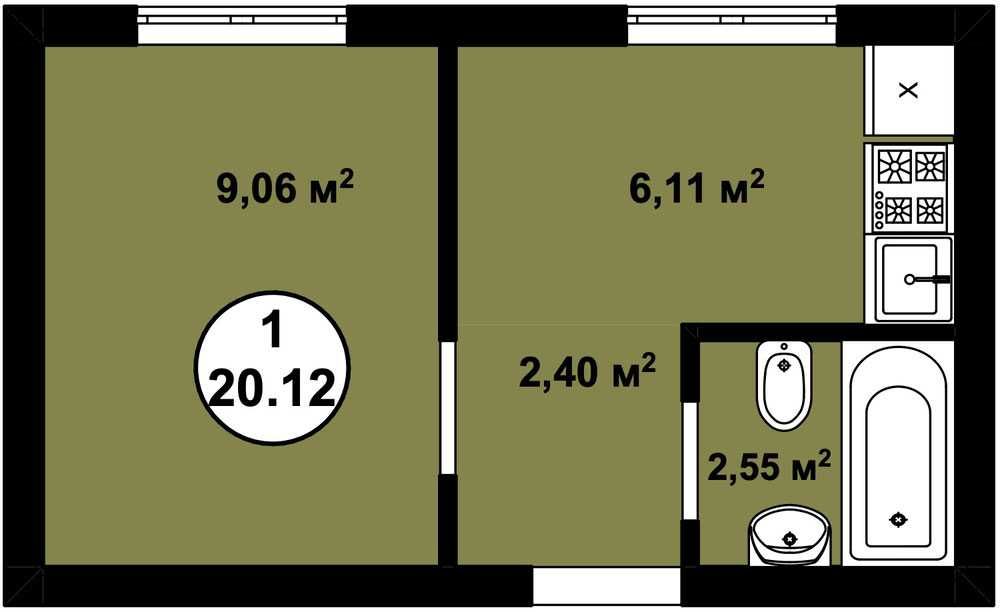Роздільна 1-кім 20.1 м2 | Кухня Окремо | Газ | Забудовник Aura Building