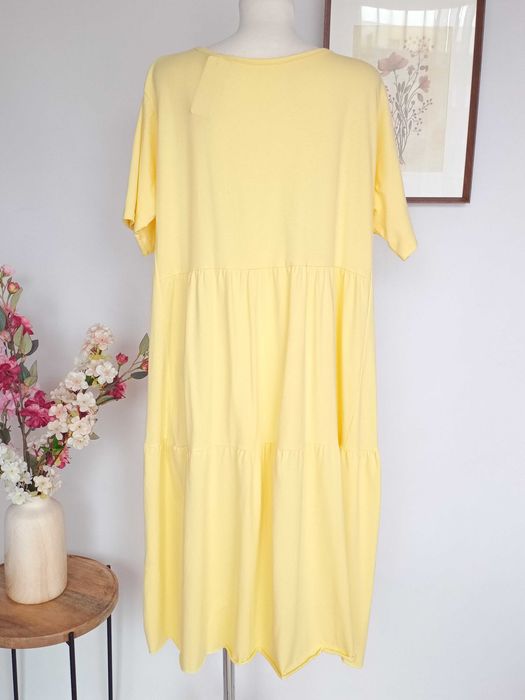 Żółta masłekowa sukienka bawełniana midi plus size 46 48 50 boho maternity kieszenie
