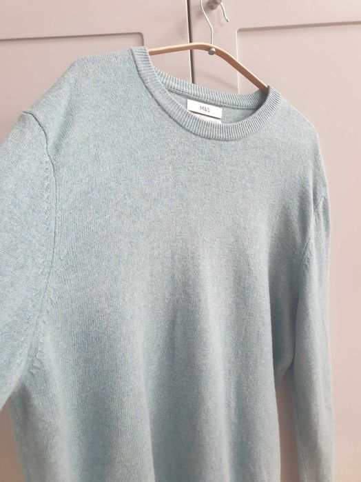 Turkusowy niebieski sweter męski 100% wełna wełniany XL 2XL M&S