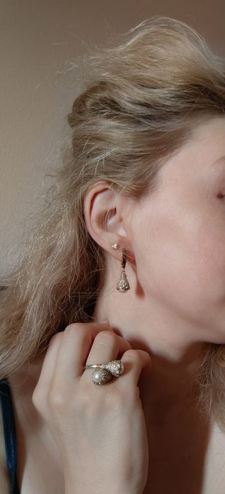 Розкішний набір зі срібла,натуральних перлин і золотих вставок