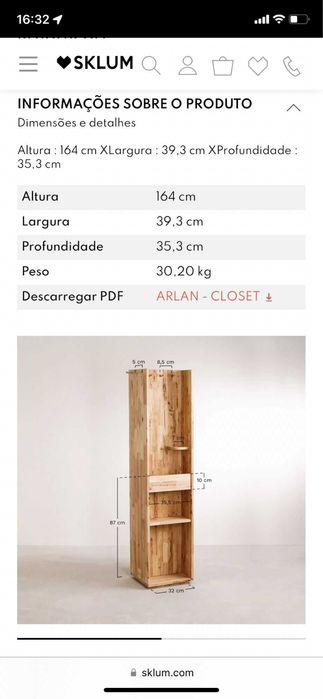 Estante giratória Arlan Sklum 164x39x35 cm madeira com espelho