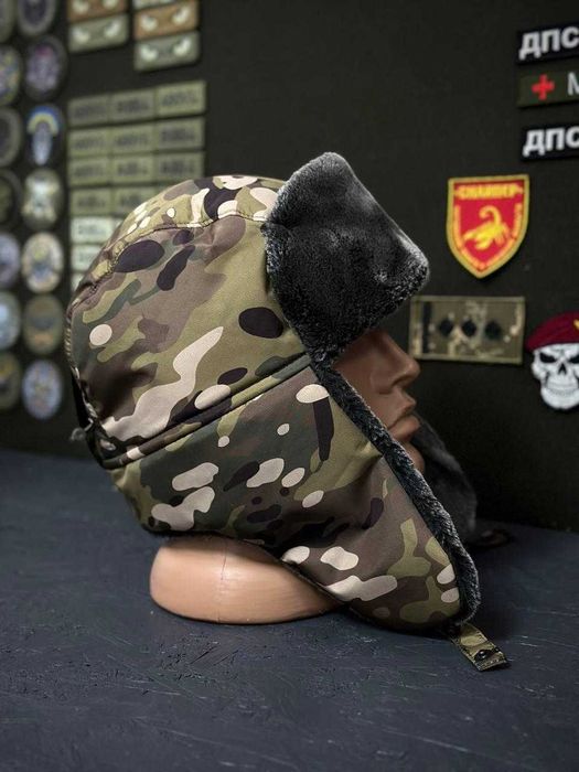 Тепла зимова військова шапка - вушанка фліс Олива, піксель, мультикам