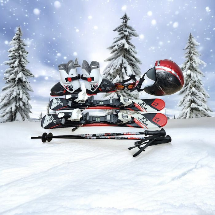 Komplet Narty 70 cm Tecnopro Buty r-27 Kask Gogle Kijki