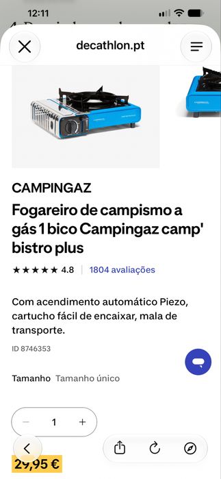 Fogareiro de campismo a gás 1 bico Campingaz camp' bistro plus