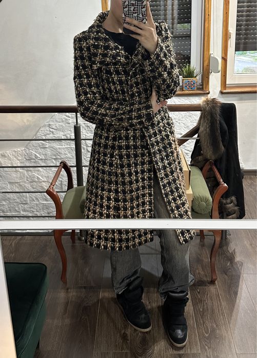 Płaszcz wełniany w kratę Zara jesień zima modny długi