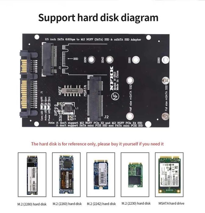 Адаптер конвертер M.2 + Msata SSD To SATA 3.0 2.5" для ПК, ноутбука