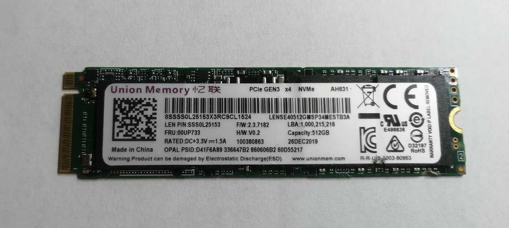 SSD 512GB Union Memory AH631 (UMIS LENSE40512GMSP34MESTB3A) ресурс 100% NVME M2 2280
