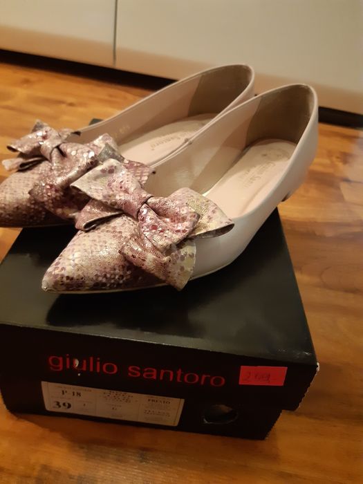 Beżowe baleriny z czubkiem 39 kokarda giulio santoro
