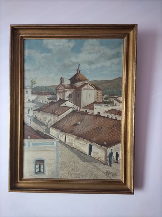 Aldeia alentejana a óleo, original, pelo pintor alentejano Violante