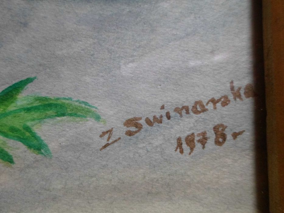 Obraz - ręcznie malowana akwarela w złotej ramie za szkłem r. 1978