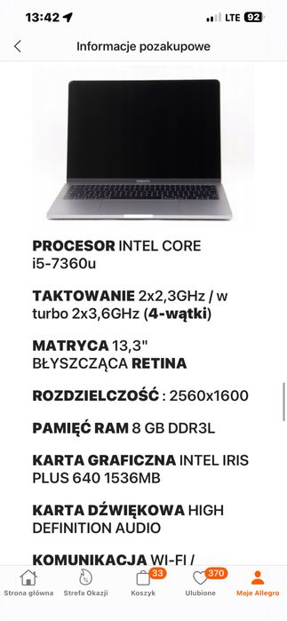Macbook pro 1708  13 cali 2018 rok
