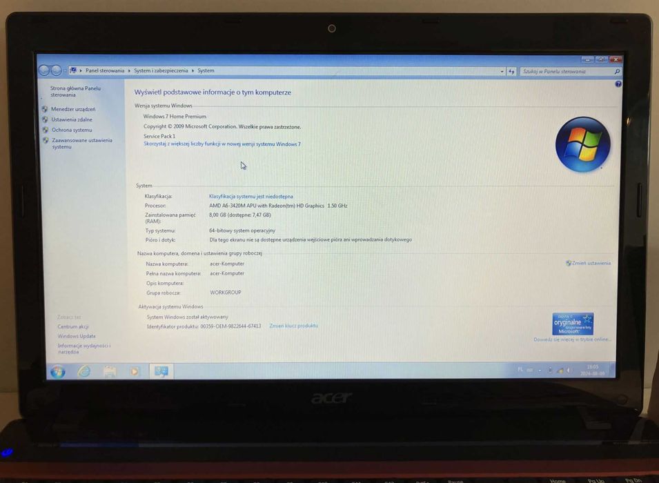 Laptop Acer Aspire 5560 / 15,6" / AMD A6-3420M / RAM: 8GB / SSD: 1TB