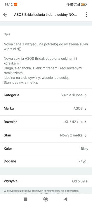 Suknia ślubna Asos 42