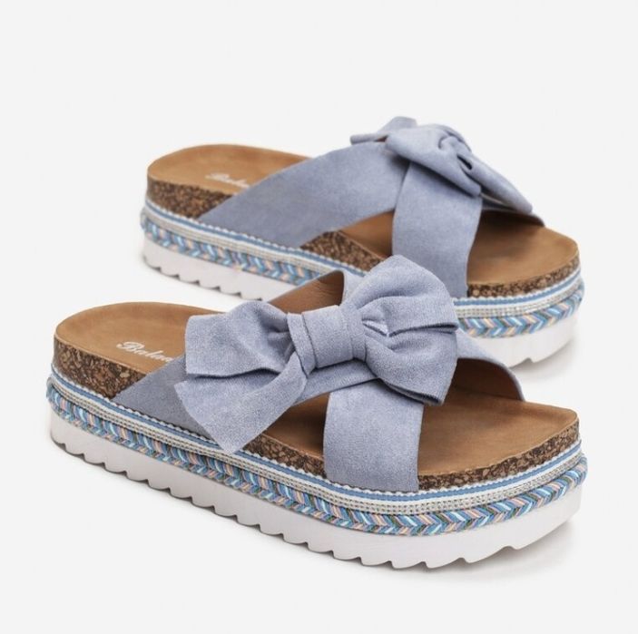 Klapki z kokardą podeszwa korek skórzana wkładka niebieskie r. 37 NOWE