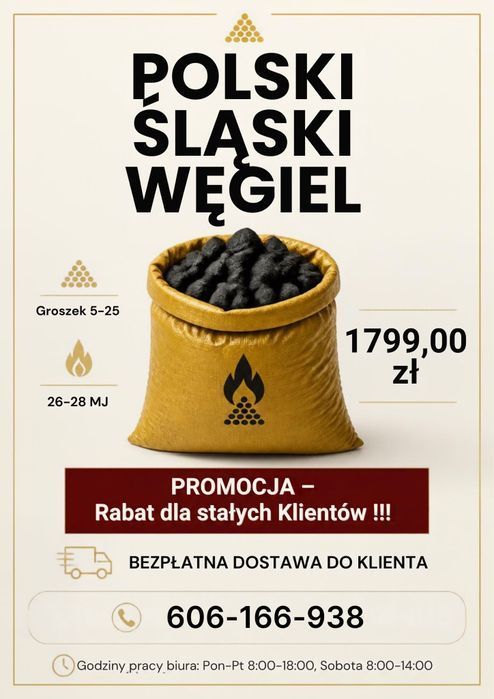 Groszek  26–28 MJ/KG — Paleta za 1799 ZŁ
POLSKI ŚLĄSKI WĘGIEL — WĘGIEL GROSZEK