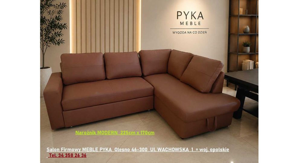 Nowy Narożnik MODERN / SKÓRA NATURALNA- Kolor Cognac / 225 x 170 / Wyprzedaż / PRODUCENT Olesno 46-300