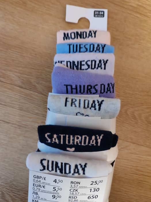 Nowe 7 par skarpetek dni tygodnia rozm. 31-34