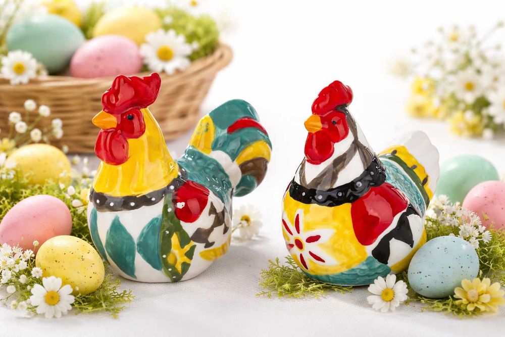 2 x Kura Ceramiczna Kolorowa – Dekoracyjne Figurki Wielkanocne Retro