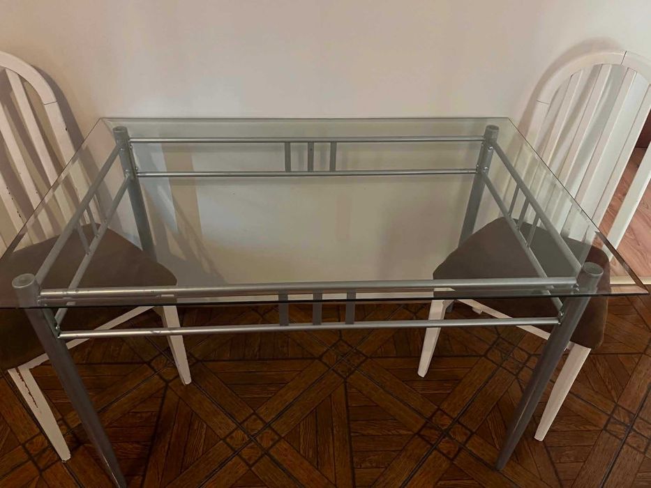 szklany stół na srebrnym stelażu 120x76,5cm + 4 krzesła