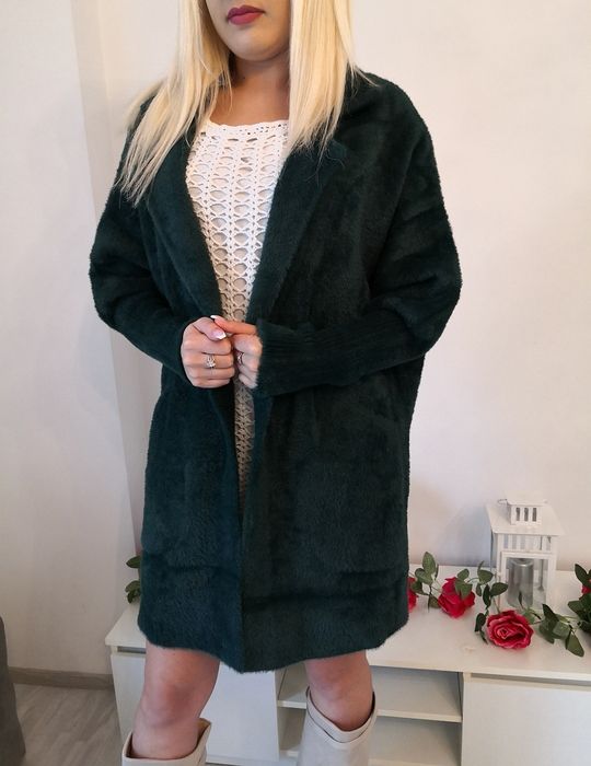 Płaszcz alpaka luzny oversize krój butelkowa zieleń xxl