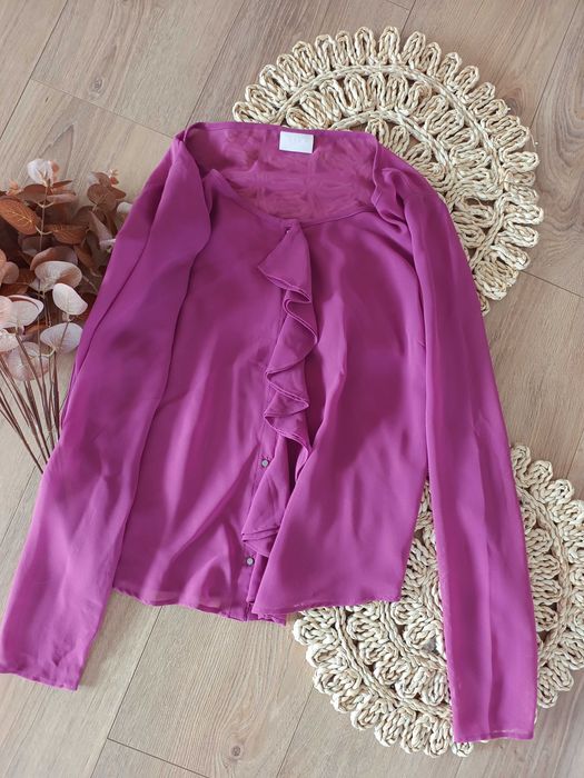 Jesienna śliwkowa koszula z długim rękawem mgiełka damska zfalbana 36S