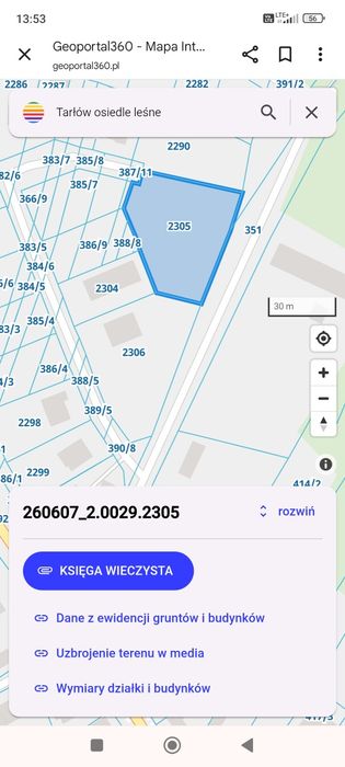Działka budowlana 20ar  os. Leśne w Tarłowie