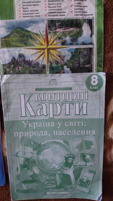 Контур. карти, атлас історія, географія, укр. мова, фізика, хімія 8 кл