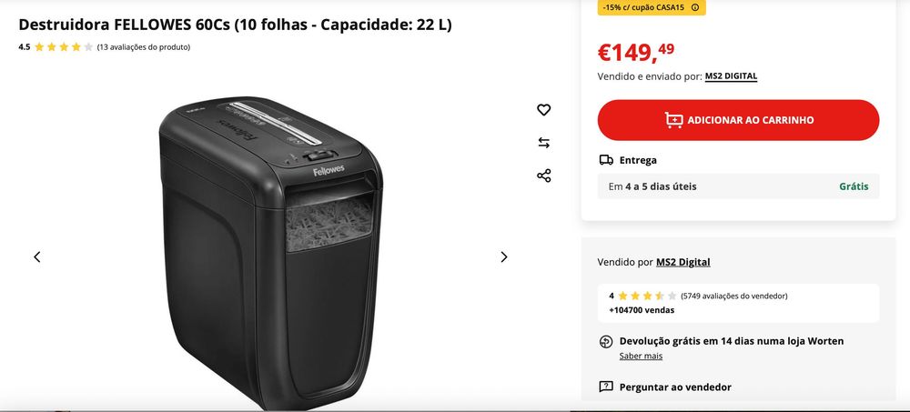 Destruidora de papel FELLOWES 60Cs (10 folhas - Capacidade: 22 L)