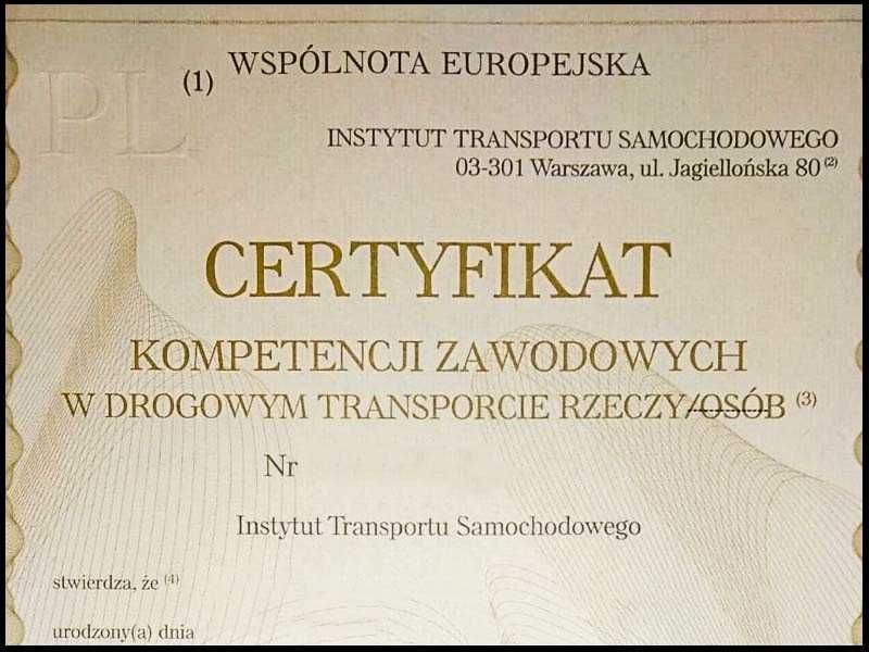 Użyczę Certyfikat Kompetencji Zawodowych w Transporcie Rzeczy lub Osób