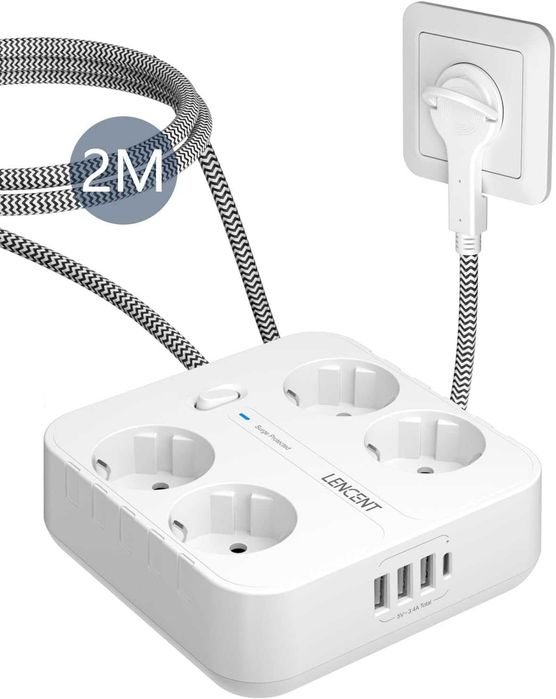 LENCENT Listwa Zasilająca przeciwprzepięciowa 4x gniazdo USB USB-C 2m