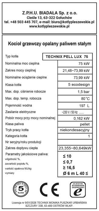 Kocioł Piec Pellet 75kW Z Podajnikiem Technix Pell Lux