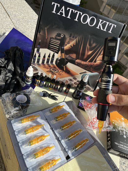 Kit Tatuagem Tattoo Pen Completo, C/ Pele Treino/Tintas/Agulhas/ Etc