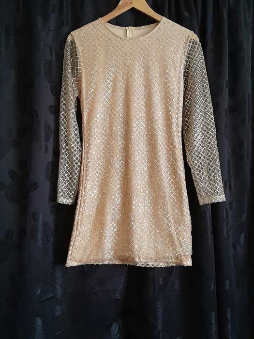 sukienka Złota Modna siateczkowa, Błyszcząca Mini L/XL+kopertówka