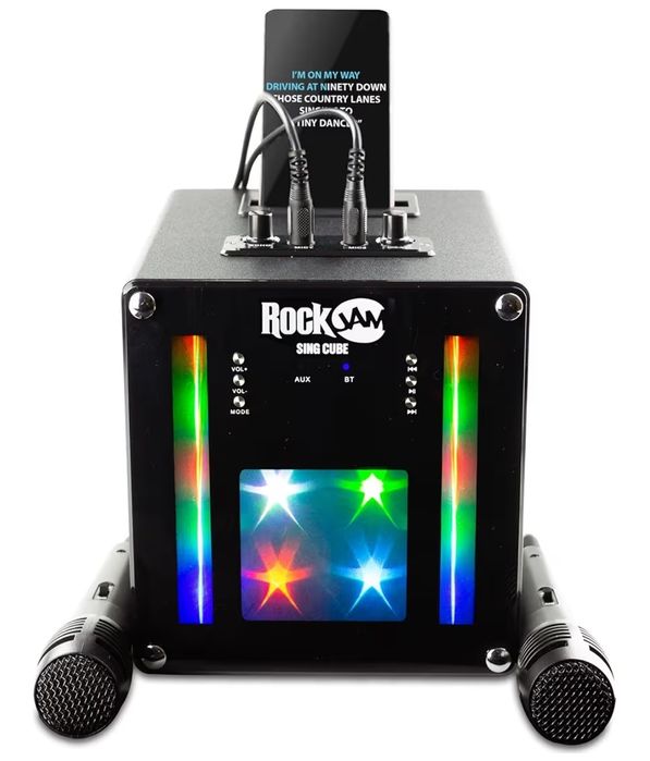 Coluna de som com karaoke e 2 microfones