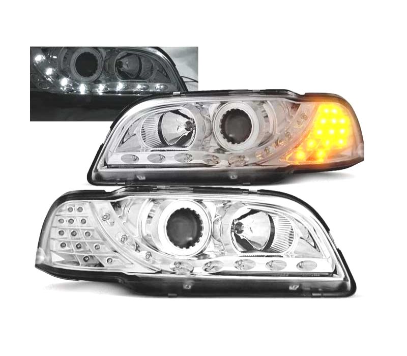 FARÓIS COM LUZ DIURNA LED VOLVO S40 V40 96-00 FUNDO CROMADO