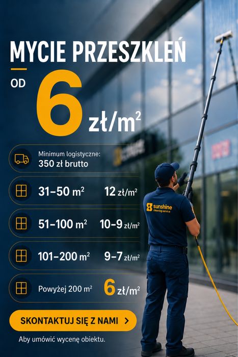 Mycie okien i przeszkleń na wysokości do 12 metrów