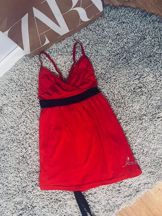 M/L piękna czerwona tunika top letni na ramiączkach