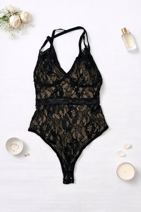 Body koronkowe S 36 czarno beżowe