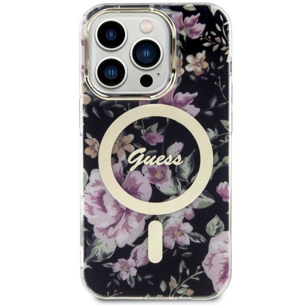 Etui Guess Flower MagSafe na iPhone 14 Pro - czarne