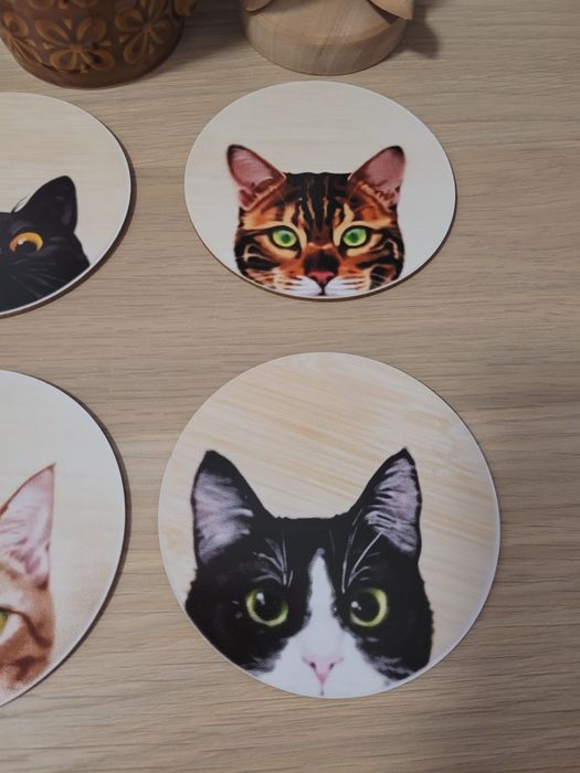 Zestaw 6 drewnianych podkładek podkładki pod kubek kubki koty kotki