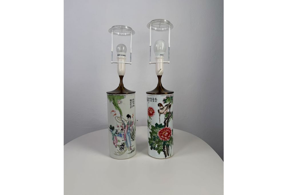 Para lamp stołowych z ręcznie malowanej chińskiej porcelany | lata 60./80.