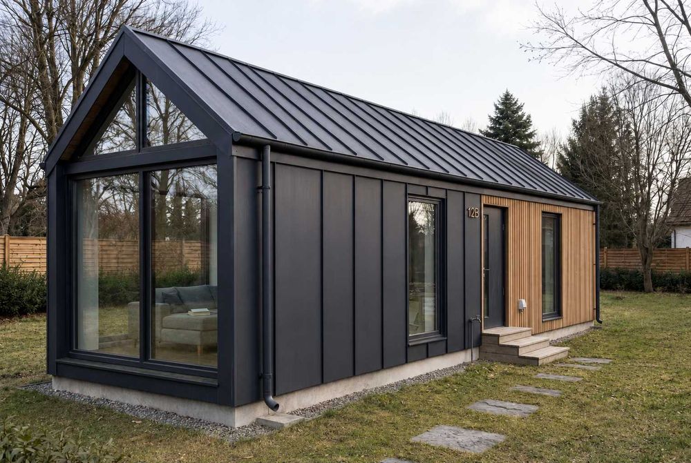 Nowoczesny domek modułowy 30 m2, antresola, stalowa konstrukcja, izolacja PUR, duże przeszklenia