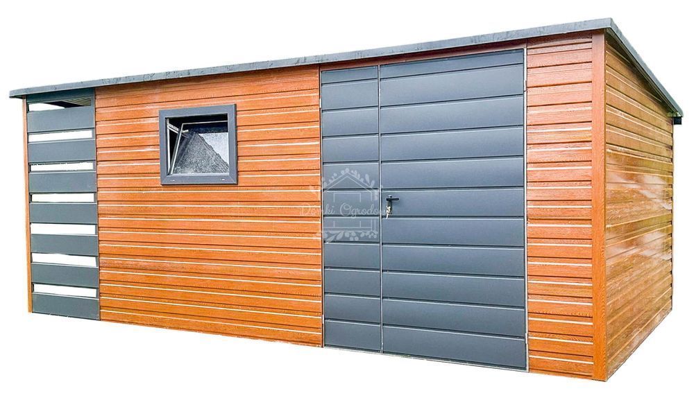 Schowek Domek Ogrodowy 4x2,5m + wiata 1m  Drewnopodobny Antracyt ID618